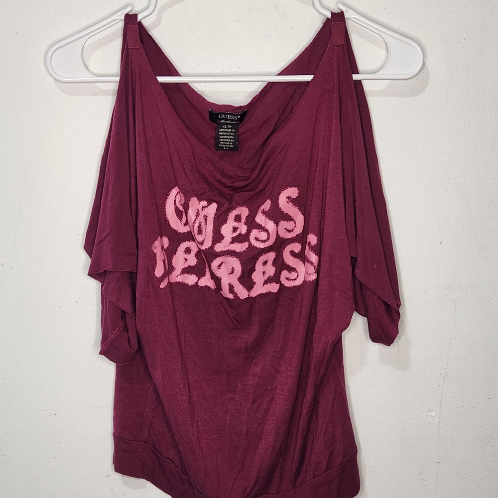 Guess Maroon Cold-Shoulder Top with Pink Logo